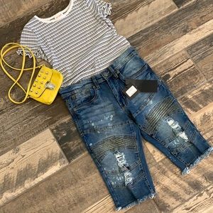 Girls Moto Style Distressed Jean Shorts